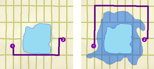 Two maps demonstrate how a restriction polygon barrier affects finding a route between two stops. Two maps demonstrate how a restriction polygon barrier affects finding a route between two stops.