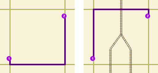 Two maps demonstrate how added cost point barriers affect a route analysis. Two maps demonstrate how added cost point barriers affect a route analysis.
